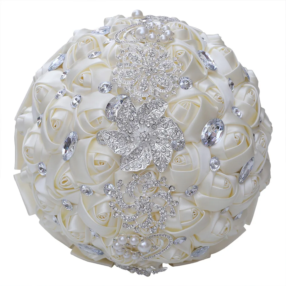 White/Red/Blue Rose Artificial Flowers Bouquet With Diamond Pearl Wedding Decoration Romantic Bride Holding Flower Bouquet Gif