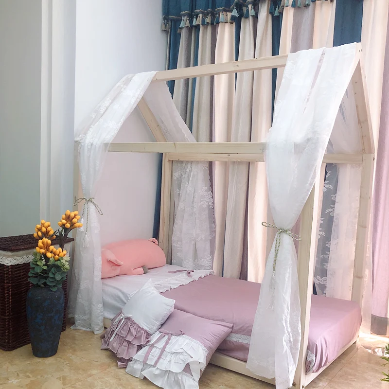 Conceit Sturen kandidaat Bed Gordijn Kinderen Bed Kleine Houten Dak Tent Speelhuis Bed Gordijnen  Klamboe Prinses Kant Kinderen Meisje Bed decoratie