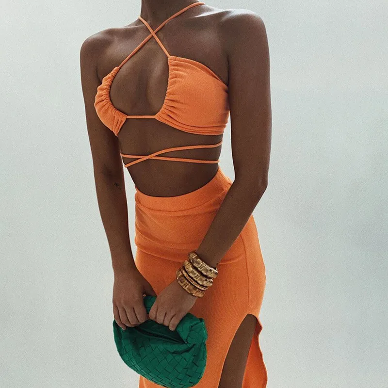 Sexy Streetwear Neon Orange Two Pieces Skirt Sets Women Tracksuit Fashion Halter Bandage Tops and Long Skirts Matching Set Suits