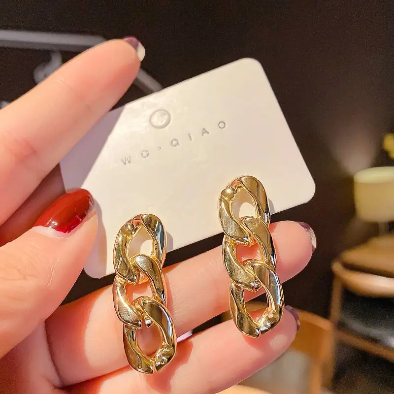 Korea Cuba Bright Gold Color Exaggerated Metal Chain Drop Earring Retro Punk Chain Earrings Vintage Jewelry