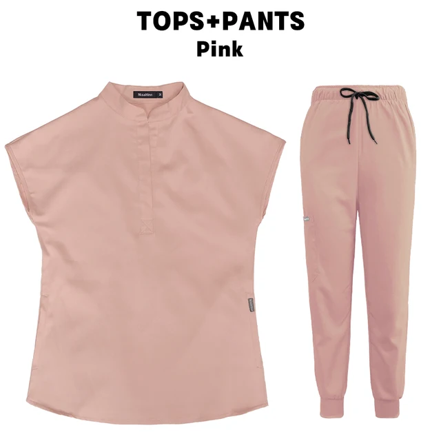 Scrubs Set for Women Pet Hospital Uniform Set Scrub Suits Solid Color Unisex Surgical Gown Pocket V-neck Joggers Wholesale Price Pink