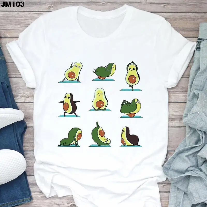 

Cartoon Women Avocado Print Fashion T Shirt Harajuku Gothic Tops Short Sleeve T-shirt Summer Casual Female Clothing White Tshirt