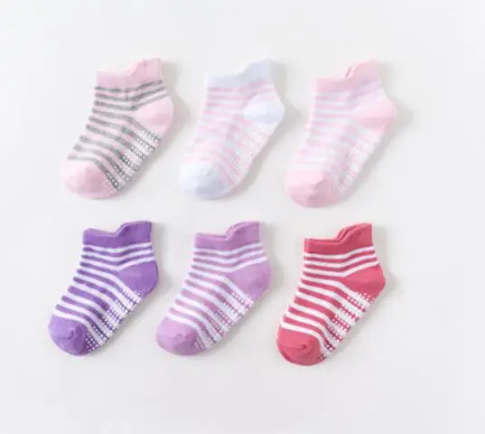6 пар/лот, детские носки в полоску для мальчиков и девочек Нескользящие носки для малышей Детские хлопковые носки-тапочки для малышей Детские короткие носки