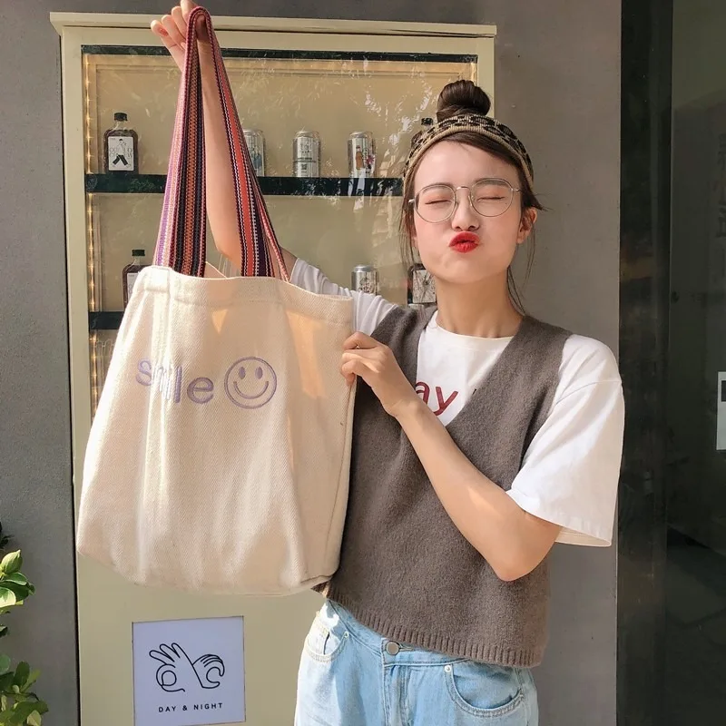910282 South Korea Ins Paragraph Fabric Embroidery Vitality Smiley Face Large-Capacity Student Should | Багаж и сумки