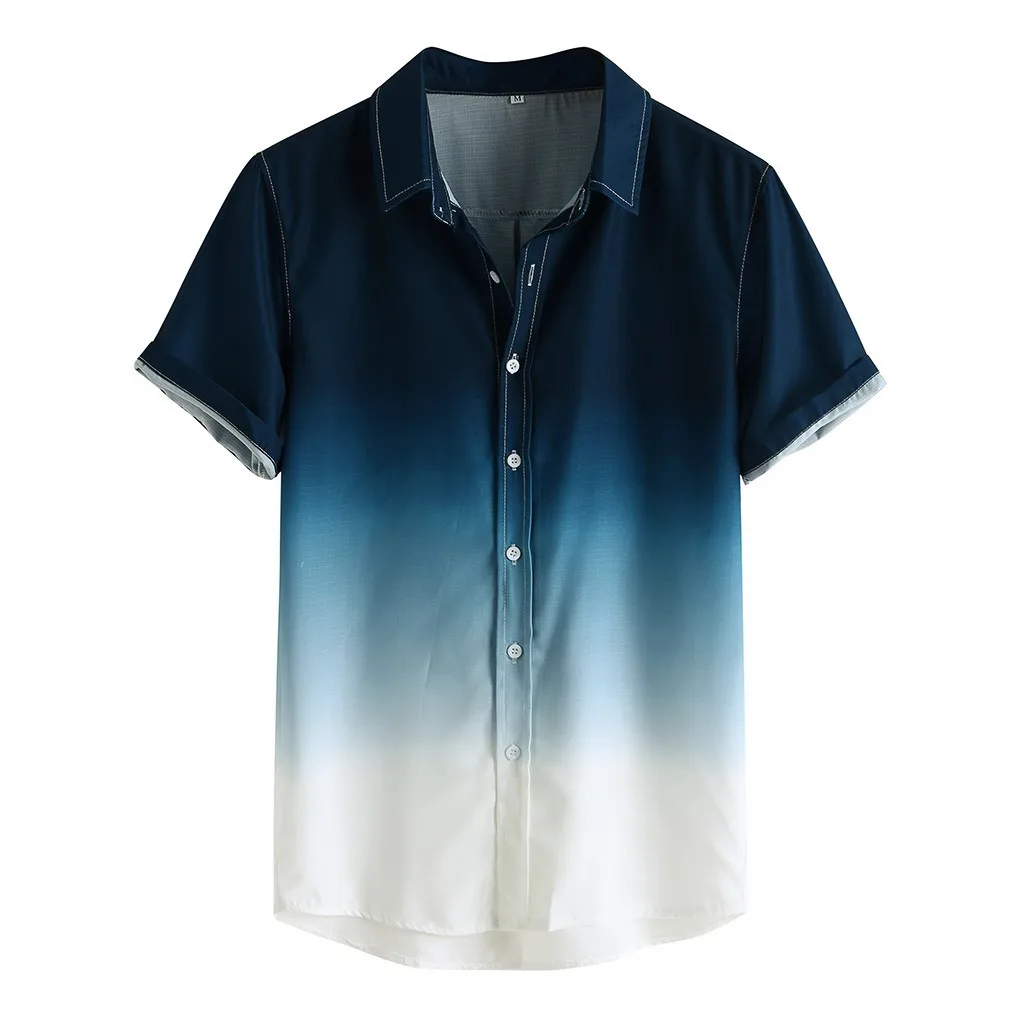 Navy Мужские рубашки camisa, градиентная свободная Мужская рубашка blusa masculina, Повседневная рубашка с коротким рукавом и отложным воротником, мужская рубашка camisa masculina - Цвет: Navy