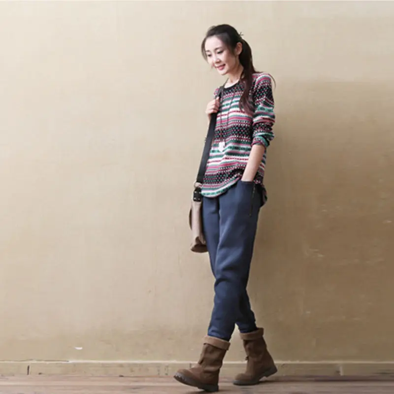 dark blue pants Хлопковые осенне-зимние женские длинные штаны с эластичной резинкой на талии плюс бархатные теплые штаны-шаровары Повседневные Спортивные штаны женские свободные брюки C6014 - Цвет: dark blue pants