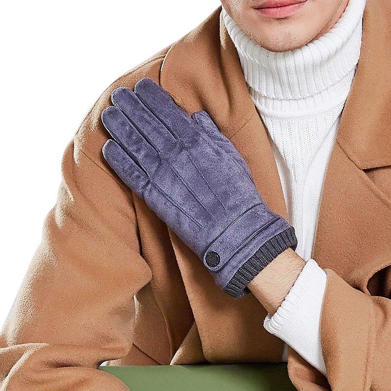 Suede Leather Mens Gloves Warm Winter Thick With Velvet Black Brown Touch Screen Gloves Male
