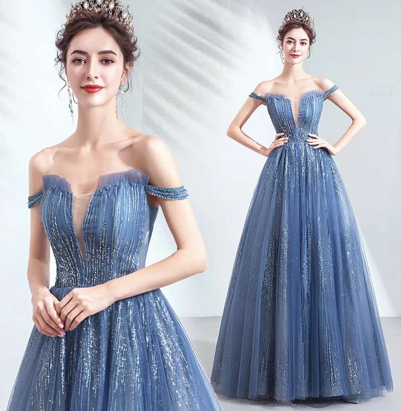 SSYFashion роскошный синий, банкетов, под вечернее платье, с вырезом лодочкой, длина до пола, с пайетками, платье для вечеринки, официального приема Платья для специальных торжеств