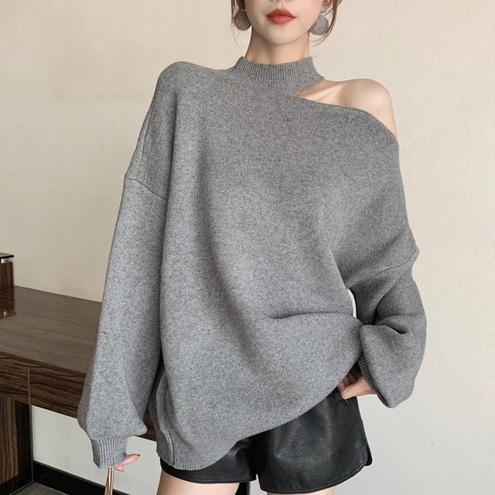 

Oversized Knitted Sweater Women Jumper Autumn Winter Sweaters Korean Fashion Pullovers Sexy Chic Long Sleeve Tops Black Knitwear