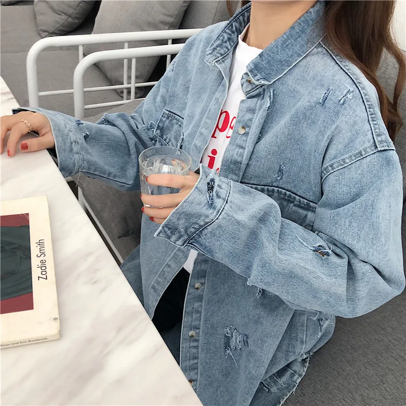 

Photo Shoot 2019 Spring New Style WOMEN'S Dress Korean-style with Holes Retro Washing Water Denim Shirt Coat Women's
