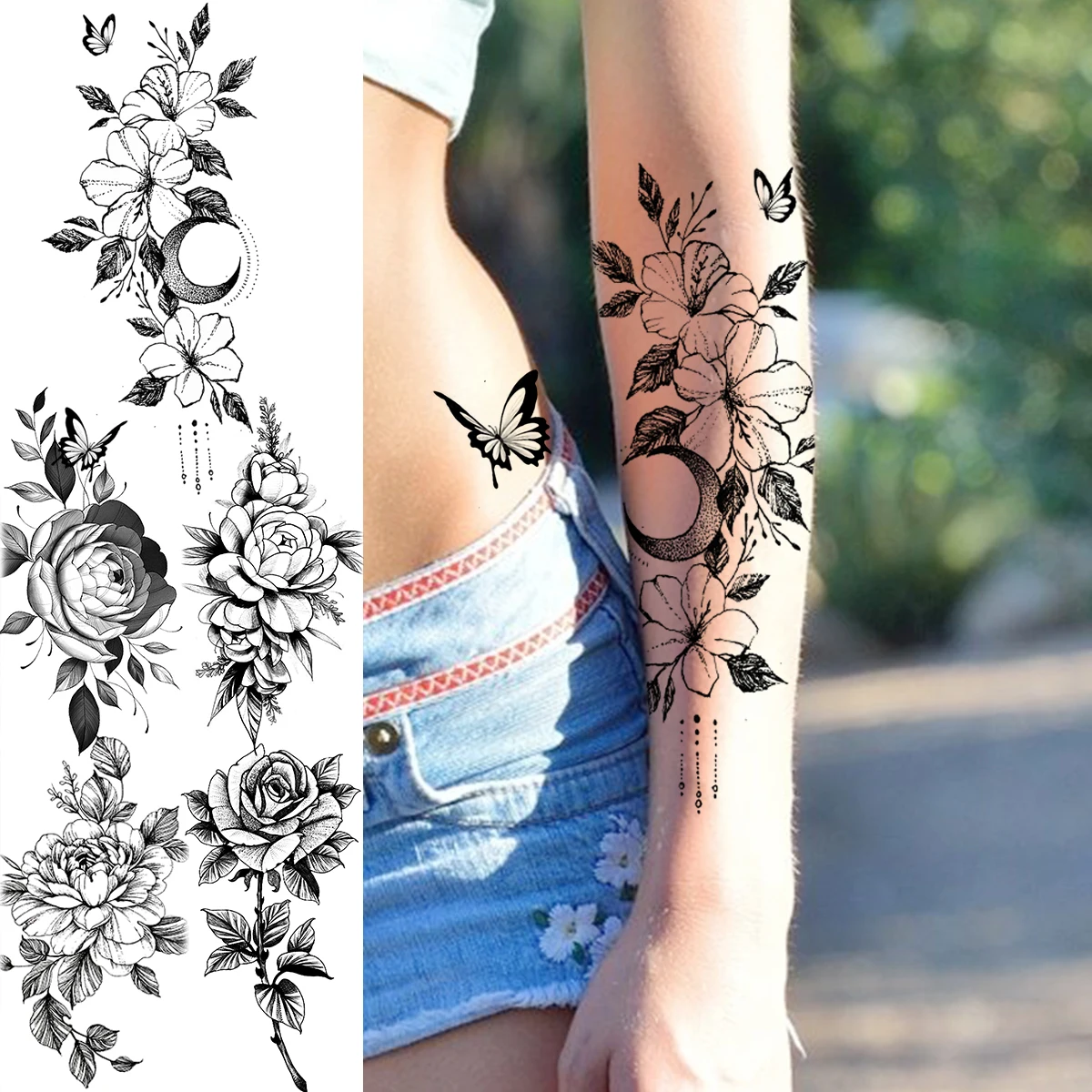 Tatouage Papillon Fleur De Lys Faux Tatouages 3d Réalistes Pour Femmes, Fleur De Lys, Papillon, Lune, Pour  Filles Adultes, Rose, Pivoine, À La Mode, Demi-manches - Tatouages  Éphémères - AliExpress