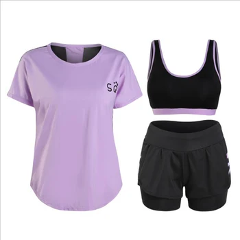 

Women 3 piece yoga sets bra+t shirts+shorts sports wear for women gym clothing quick dry workout clothes fitness clothing