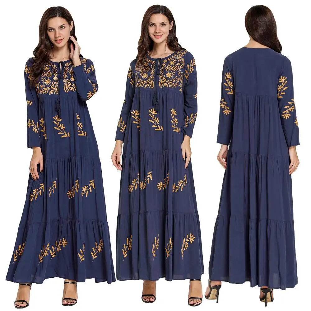 

Vintage Embroidery Abaya Women Pleated Jilbab Muslim Kaftan Arab Long Maxi Dress Draped Design O-neck Ethnic Style 2019 Fashion