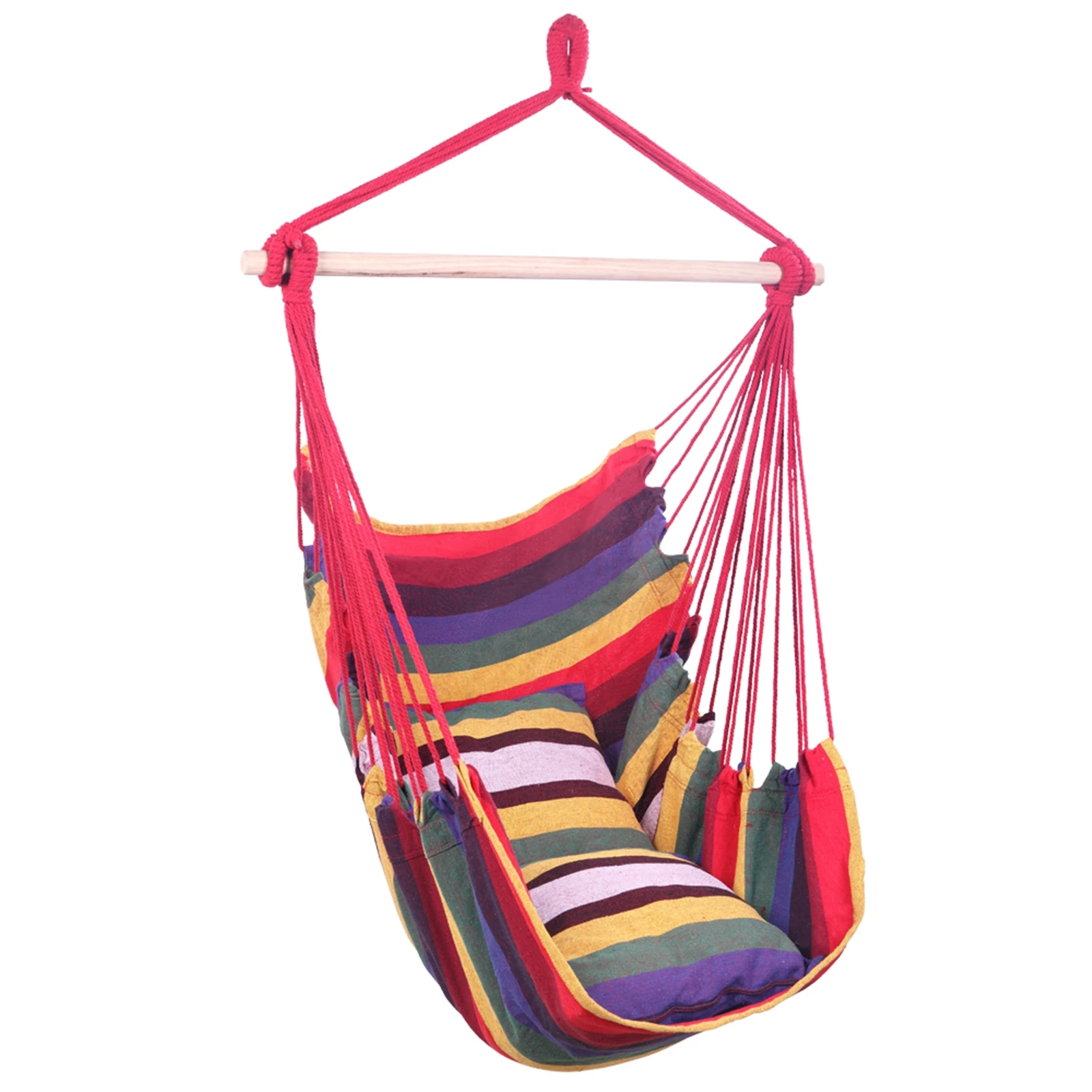 Outdoor Hammock Swing Chair with Pillow and Wooden Stick Hanging Swing Chair Portable Canvas Swing Travel Camping Lazy Chair
