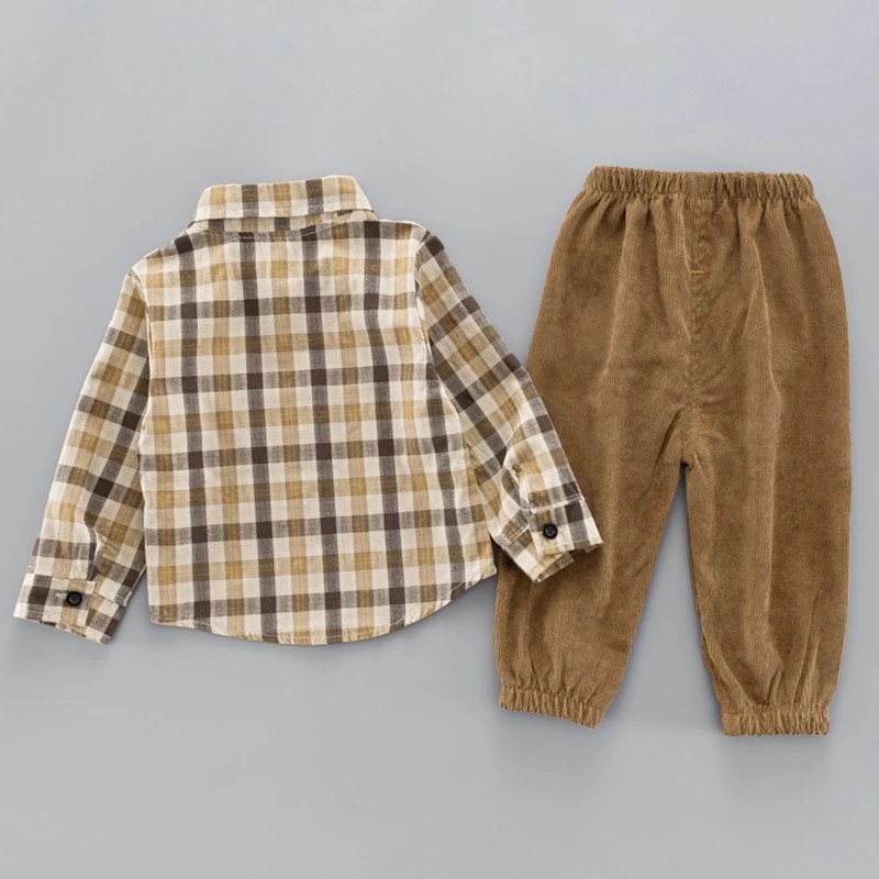 Humor Bear/весенне-осенний комплект одежды для маленьких мальчиков, рубашка в клетку с длинными рукавами+ штаны свитер с буквенным принтом детская одежда для мальчиков из 2 предметов с отворотами