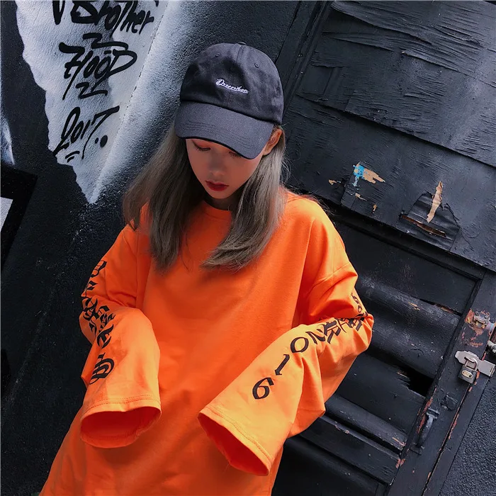 

Women Autumn O-Neck Letter Printed Loose Long T-shirt Womens Korean Style Trendy Hip Hop Students Tees
