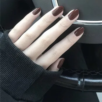 

Shine Light Chocolate Color Brown False Nails with Glue Full Cover Round Head Medium Solid Colors Press on Nails Acrylic Summer