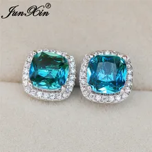 Геометрические Квадратные Серьги 925 серебро розовое золото красочные Радуга огонь Кристалл синий зеленый циркониевый свадебные серьги для женщин