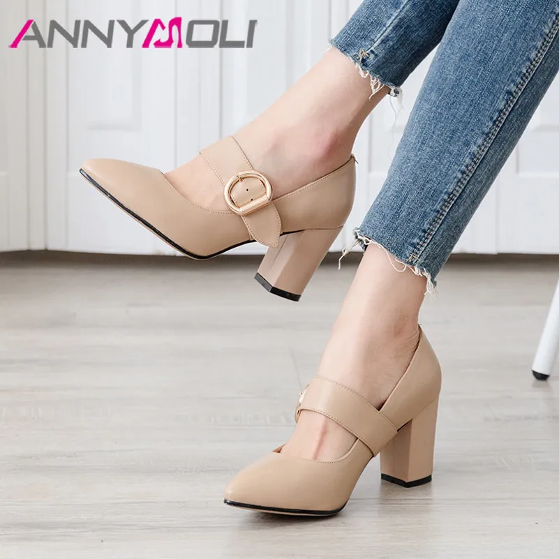 

ANNYMOLI High Heels Women Pumps Natural Genuine Leather Thick High Heel Mary Janes Shoes Real Leather Buckle Shoes Lady Size 43
