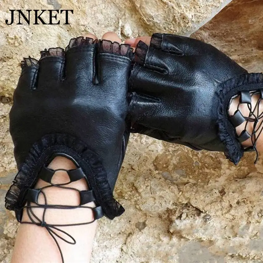 JNKET женские перчатки из натуральной кожи модные кружевные без пальцев
