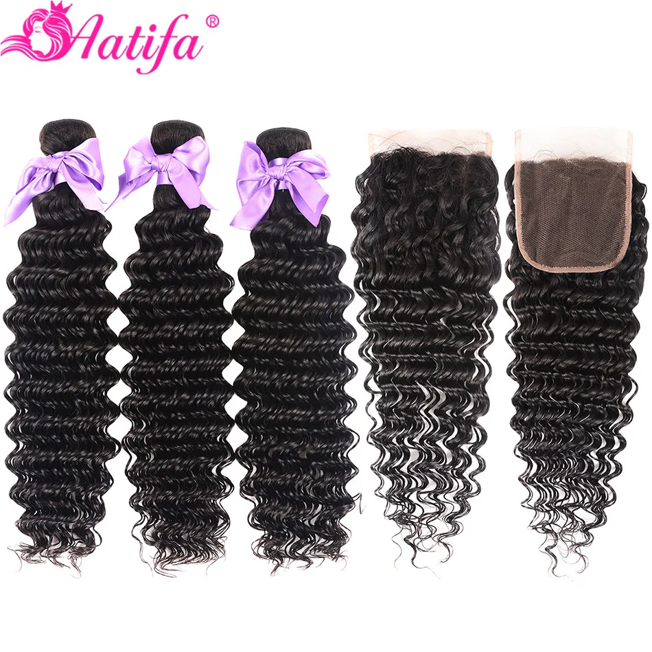 

Indian Deep Wave Bundles With Closure Remy Hair 3 Bundles Hair With Closure 100% Human Hair Bundles With Closure Aatifa hair