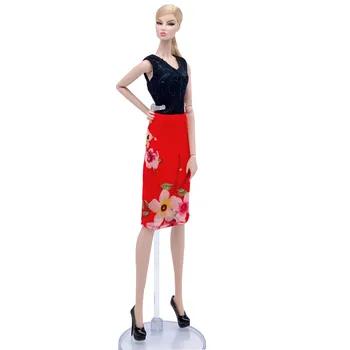 

Black Vest Red Floral Dress Fashion Doll Clothes For Barbie Doll Outfits Short Dresses Party Gown 1/6 Dolls Accessories