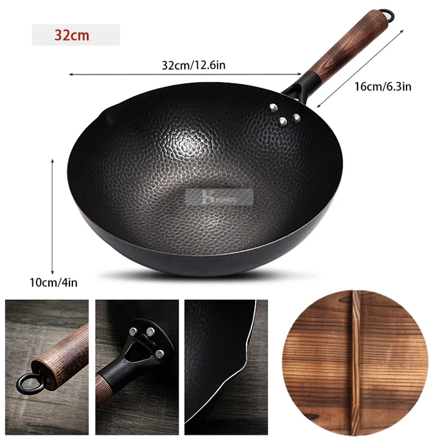 Konco Pure Iron wok cast iron pan Non-coated Pot General use for Gas and Induction Cooker 32cm Chinese Wok Cookware Pan 2