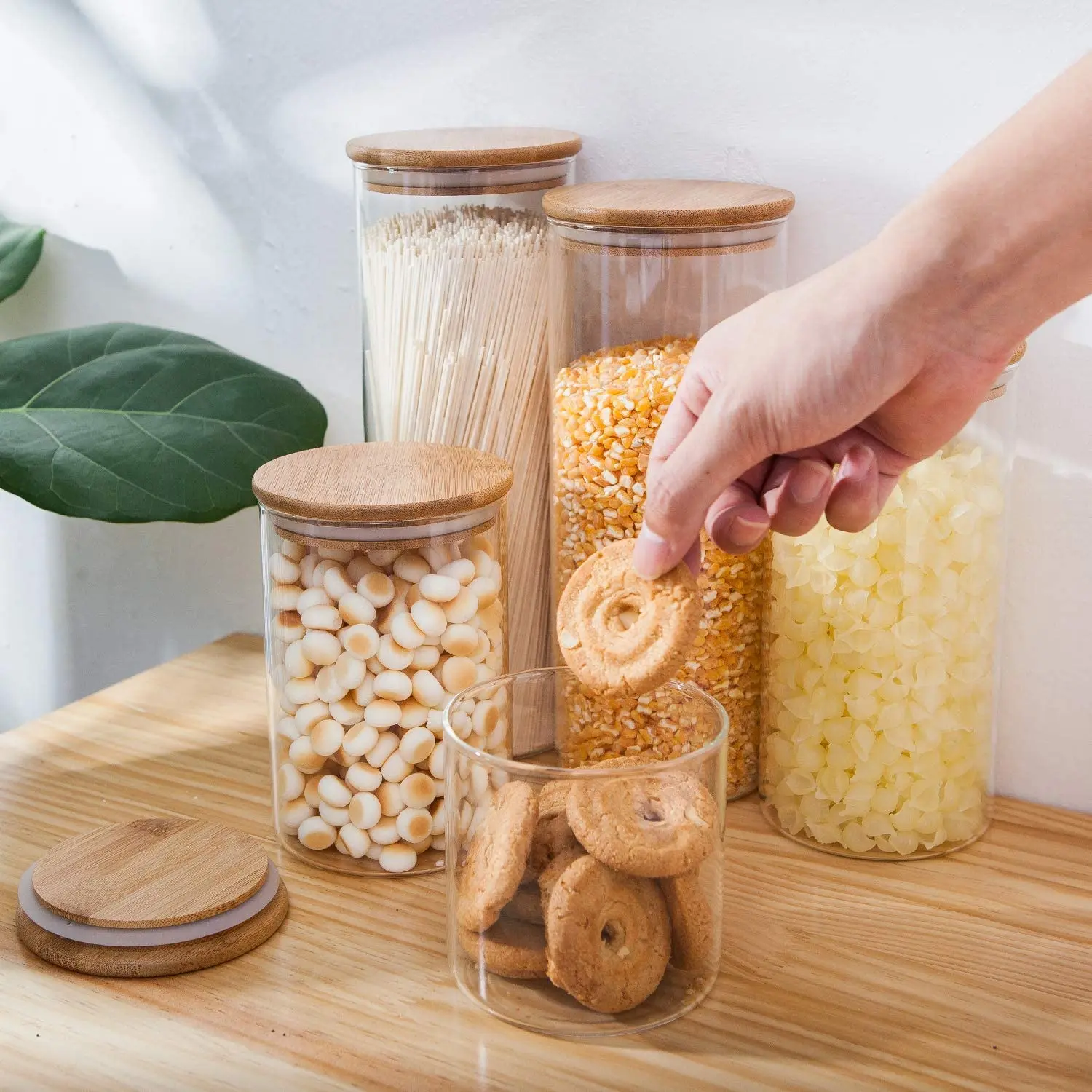 Glass Food Storage Containers Set,Airtight Food Jars with Bamboo Wooden Lids  Kitchen Canisters For Sugar Candy Cookie 4