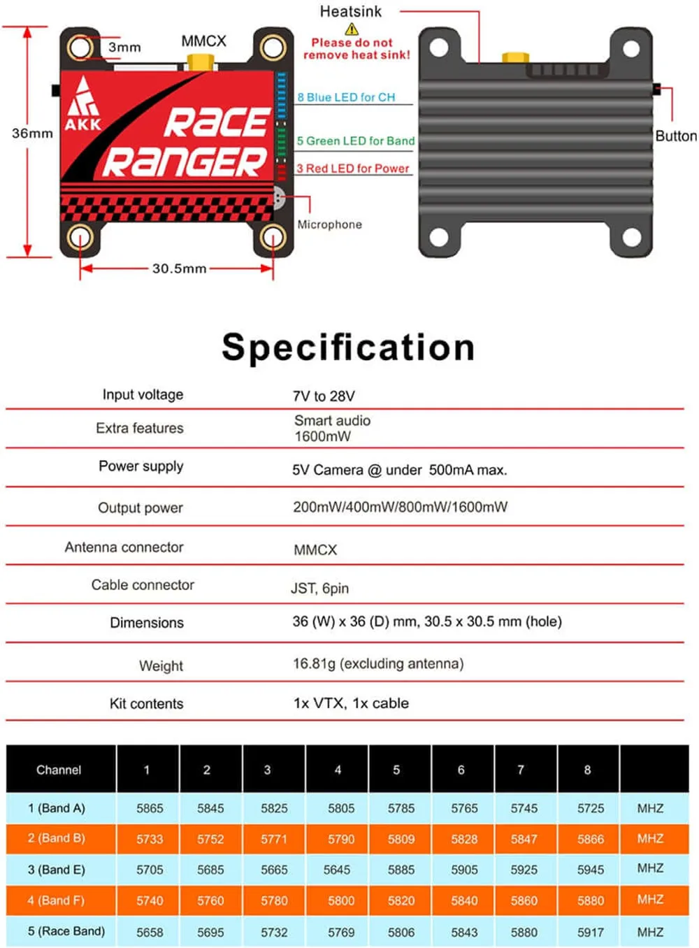 AKK Racing Ranger Smart Audio 200 МВт/400 МВт/800 МВт/1600 мВт переключаемый FPV передатчик с SMA адаптером для радиоуправляемого дрона FPV системы