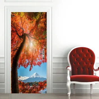 

Maple Leaves Tree Japan Snow Mountain Door Stickers For Study Room Home Decoration Mural Door Wall Posters Drop Shiping