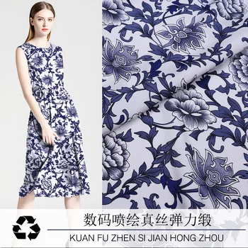 

Blue and White Brand Printed 108cm 93%silk 7%spandex 19Momme Charmeuse Fabric for Dress Diy Sewing Free Shipping Summer New Sale
