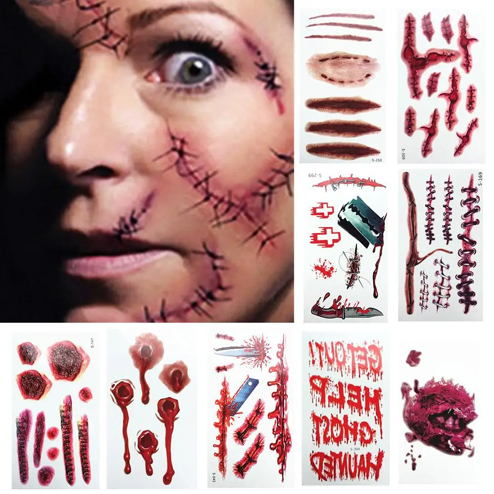 Новый Хэллоуин 3D стикер s ужас кровавый шрам Временная бумажная Татуировка