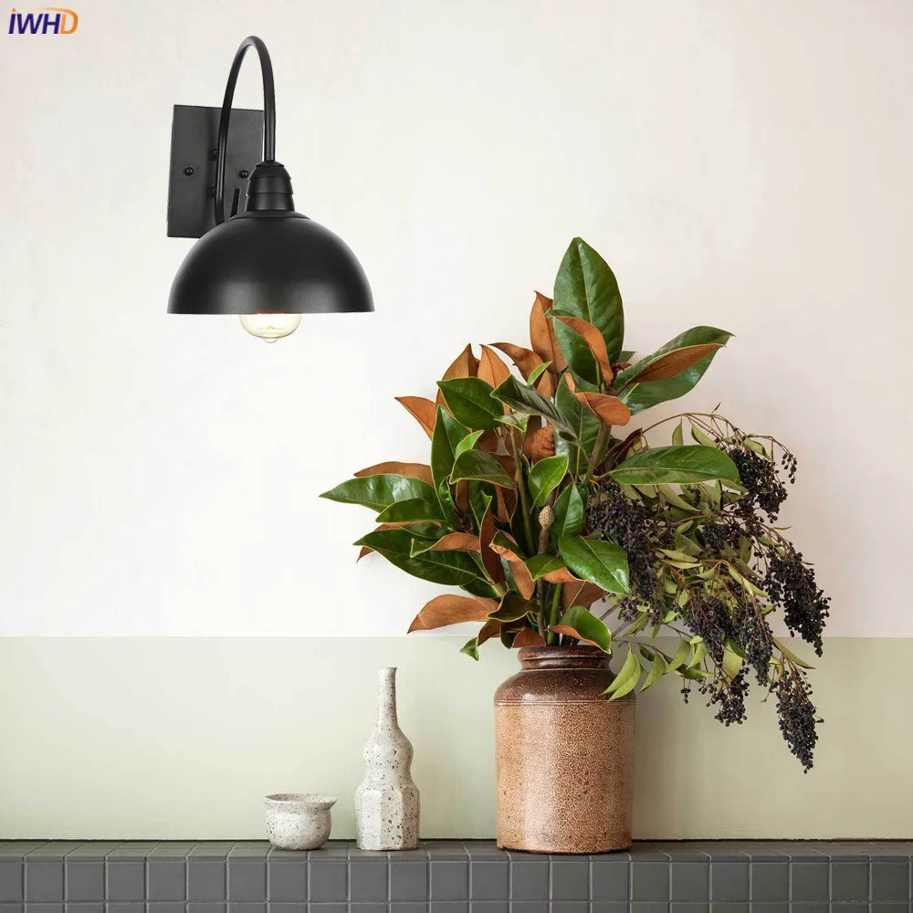 IWHD American Country Retro LED Wall Lights For Home Lighting Black Metal Bathroom Mirror Stair Light Glass Vintage Wall Lamp