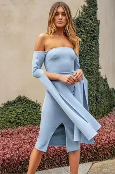 

Women Luxury Sexy Off Shoulder Black Blue Knee Length Bodycon Bandage Dress 2020 Designer Fashion Party Dress Vestido