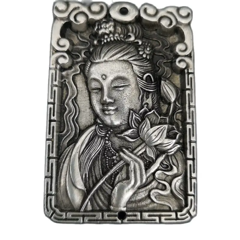 

Chinese Old Tibetan Silver Relief Guanyin Amulet Pendant Feng Shui Lucky Pendant