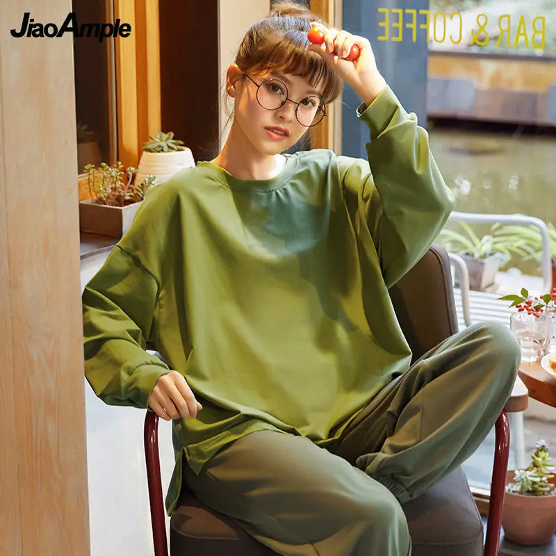 Women's Long-sleeved Trousers Pajamas Suit Autumn O-Neck Sleepwear Loose Pijamas Set 2021 New Simple Home Clothes Two-piece Set