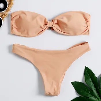 

#Z15 Women Solid Color Bikini Set Wrap Chest Padded Bandeau Swimwear Swimsuit Women Bikini Set Bathing suit Push Up Beachwear