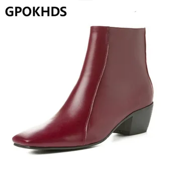 

GPOKHDS 2021 women soft ankle boots cow leather zippers boots winter short plush square toe high heels women boots