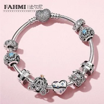 

2020 100% 925 Sterling Silver 1:1 Classic Fairy Tale Snowflake DREAM Pompoen Koets CHARM Crown Beaded Bracelet Set