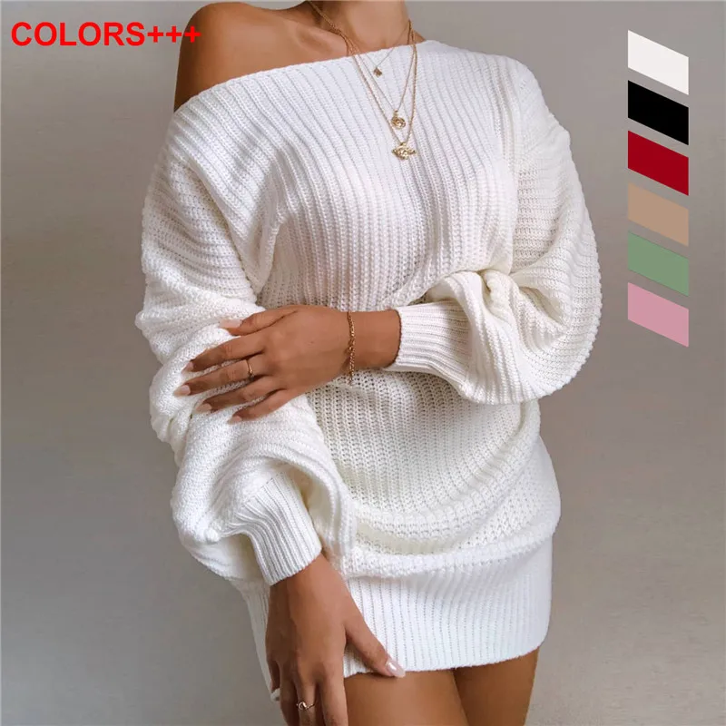

iMucci White Women Sweaters Pullovers Sexy Off the Shoulder Ladies Clothing Fashion Lantern Sleeve Causal Knitted Sweater Dress