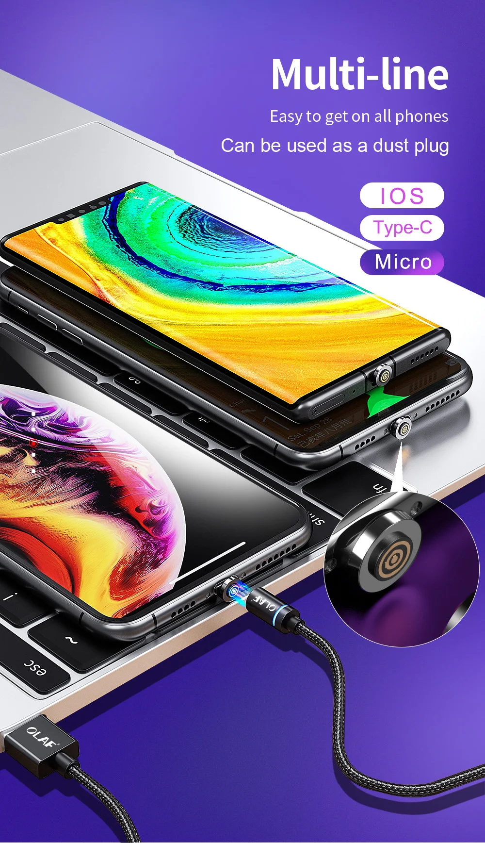 Олаф 2 м Магнитный кабель Micro usb type C для iPhone кабель освещения 1 м 3A провод для быстрого заряда type-C Магнитный кабель для зарядки телефона