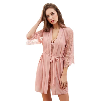 

Sexy Lace Women Sleepwear Gray Bandage Night Dress Robe Lingerie 3 Piece Night Set Sexy Perspective Lounge Set Bathrobe Pajamas