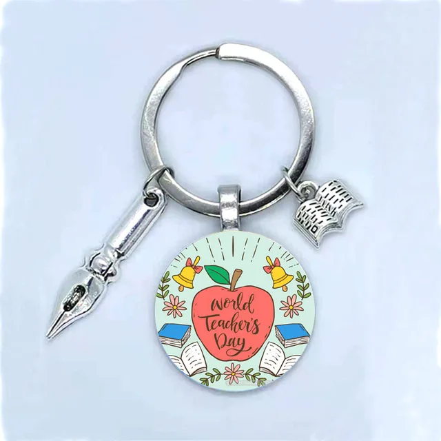 Fashion New Dear Teacher Round Glass Keychain Handmade DIY Book Pen Decoration Pendant Keychain Teacher'S Day Gift Souvenir 13