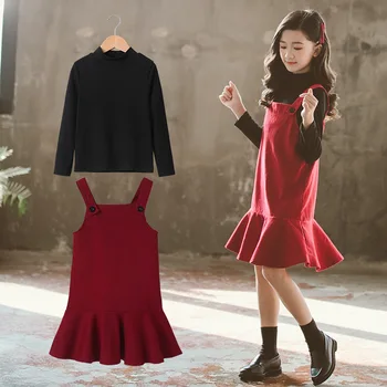

Girls Clothes Set Solid Shirt+Straps Dress 2 Pcs Autumn Suit For Girls Fashion Children Long Sleeve Suit Teenage Girls Clothing