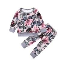 Одежда для маленьких девочек, хлопковая рубашка с цветочным принтом, комплект со штанами, Весенняя детская одежда с цветочным принтом
