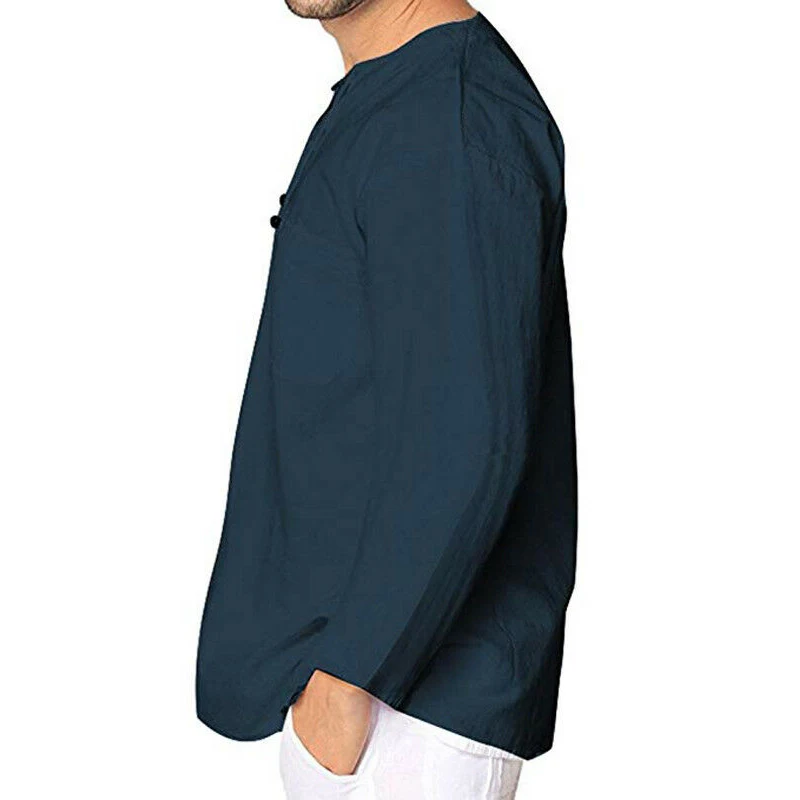Hot Men Solid Baggy Shirt Cotton Linen Hippie Shirt Summer Mens Fashion Casual Street Daily Long Sleeve V Neck Shirt Five Color