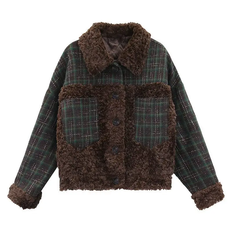 

New Korean lamb fur fur coat 2020 winter Plaid Wool short cotton padded jacket female small