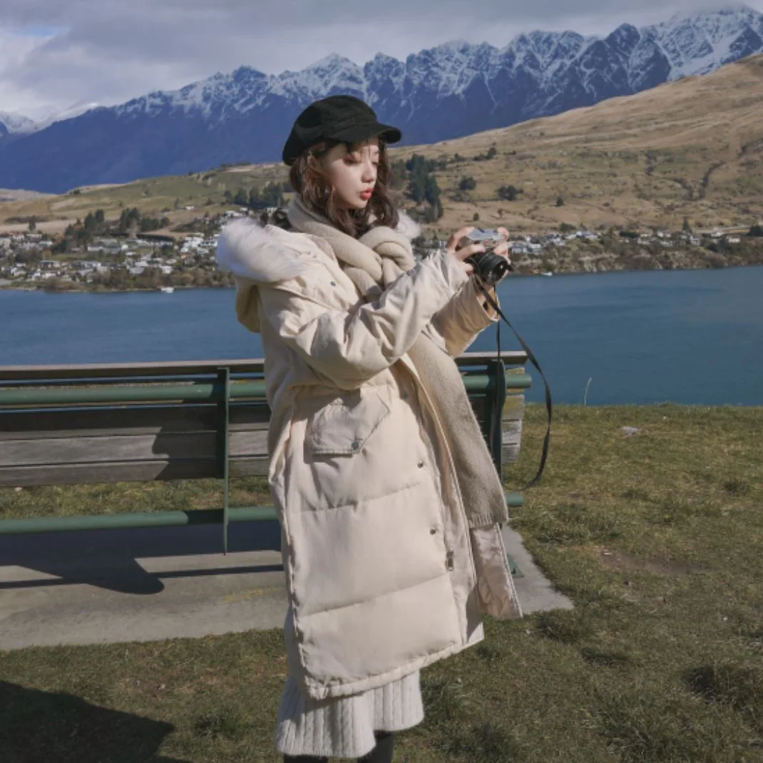 

Photo Shoot Waitmore Simple-Style Off-white Mid-length Hooded Large Fur Collar Single Breasted Thick Cotton Coat Coat Women's
