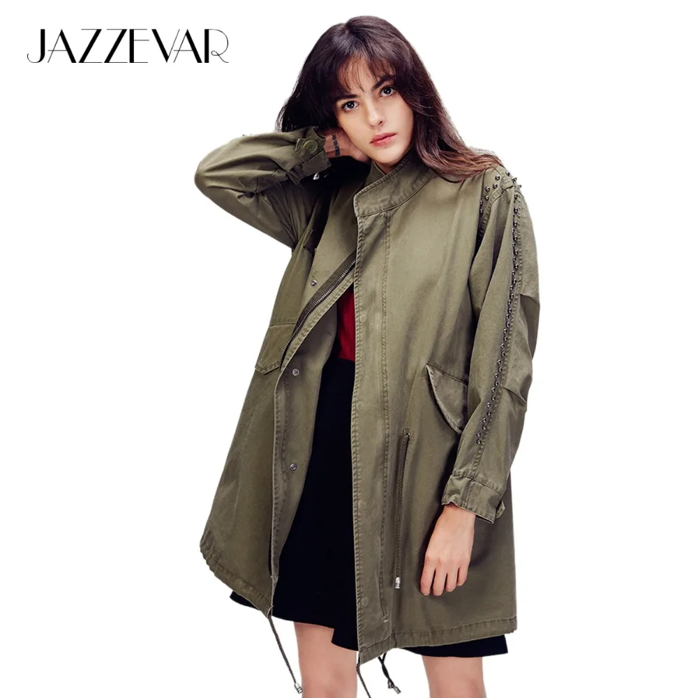 JAZZEVAR Осень новые женские куртка женская модные вышивка заклепки повседневное хлопковая куртка армейский топы зеленый верхняя одежда винтаж мыть свободные одежда 870111