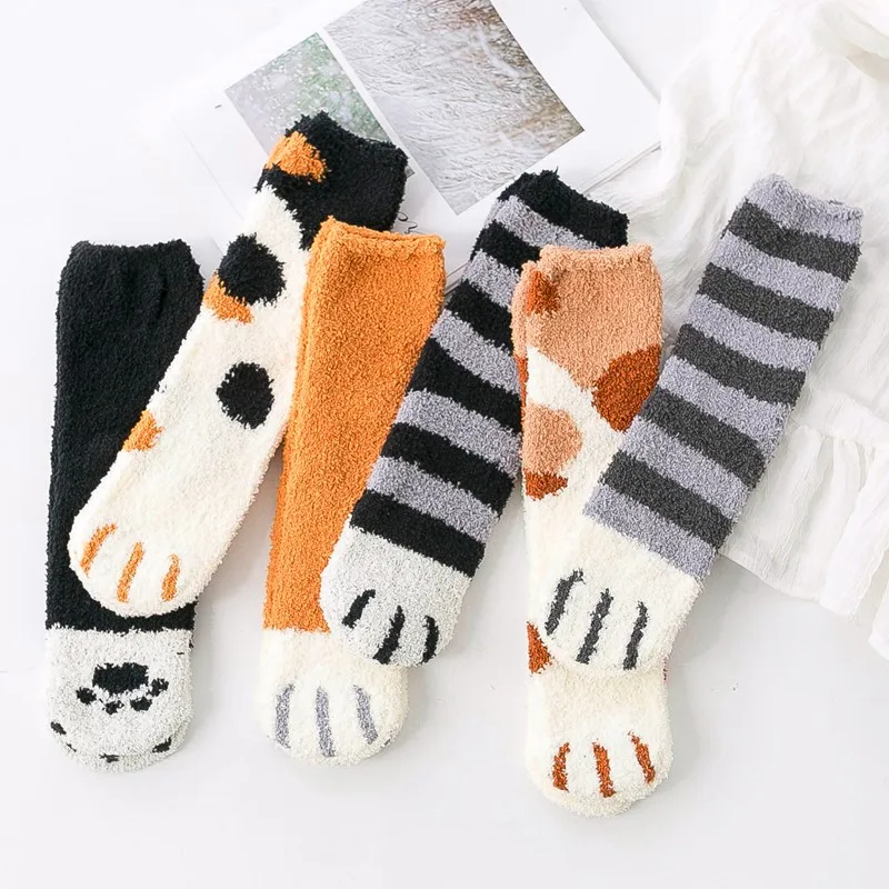 

New Arrivals 1 Pair Coral Fleece Socks Female Kawaii Mid Tube socks Autumn Winter Cat Claws Cute Thick Warm Sleeping Floor Socks